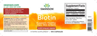 Miniatura do rótulo do suplemento alimentar Swanson Biotin - 5 mg 100 capsules.
