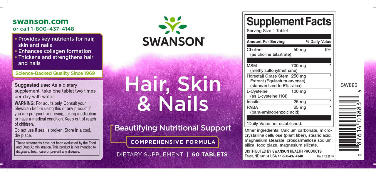 Swanson Hair, Skin & Nails - 60 tabs suplemento.