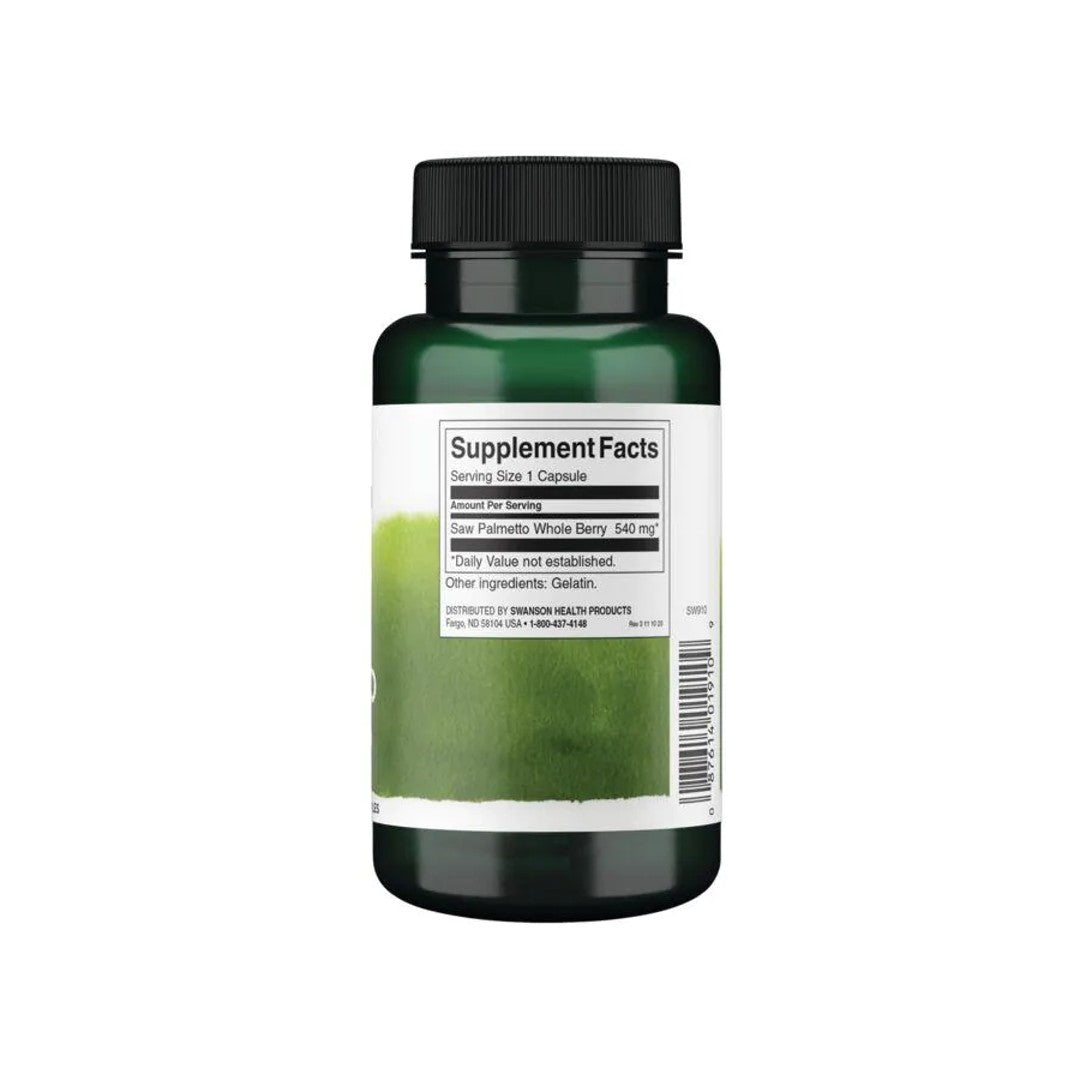 Um frasco de Saw Palmetto - 540 mg 100 cápsulas da Swanson com apoio para a próstata sobre um fundo branco.