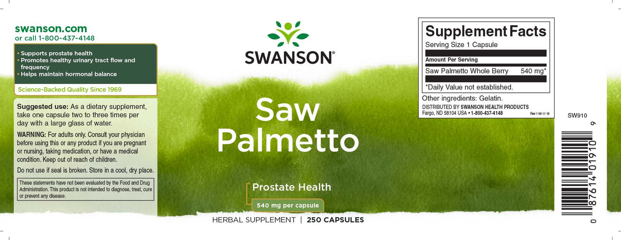 Swanson Saw Palmetto - 540 mg 250 cápsulas suplemento promove a saúde da próstata e apoia o fluxo do trato urinário.