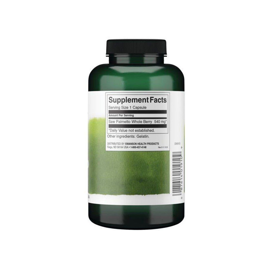 Um frasco de suplemento de chá verde com Swanson Saw Palmetto - 540 mg 250 cápsulas para a saúde da próstata e para melhorar o fluxo do trato urinário sobre um fundo branco.