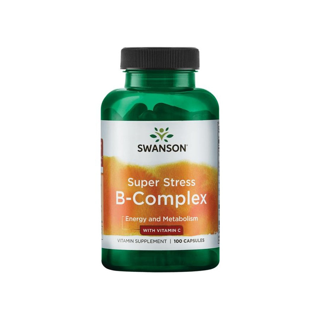 Um frasco de Swanson B-Complex with Vitamin C - 500 mg 100 capsules super stress b complex.