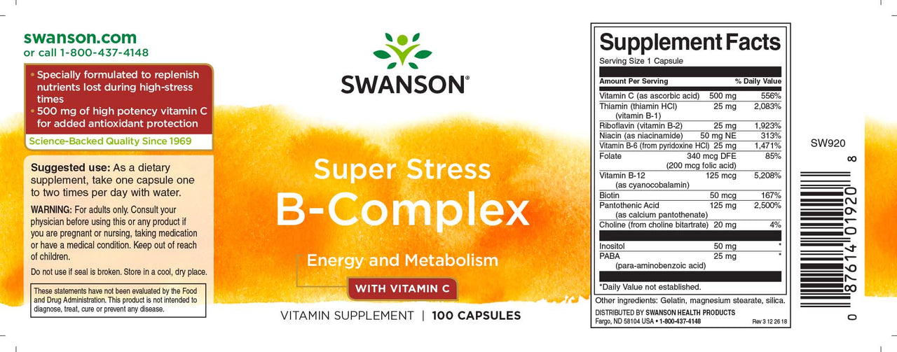 Swanson B-Complex com Vitamina C - 500 mg 100 cápsulas rótulo.