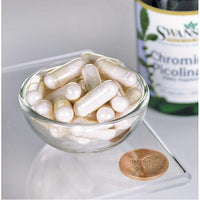 Miniatura de Swanson's Chromium Picolinate - 200 mcg 100 cápsulas numa tigela ao lado de uma moeda.