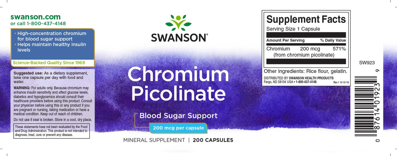 Um frasco de Swanson Chromium Picolinate - 200 mcg 200 cápsulas.