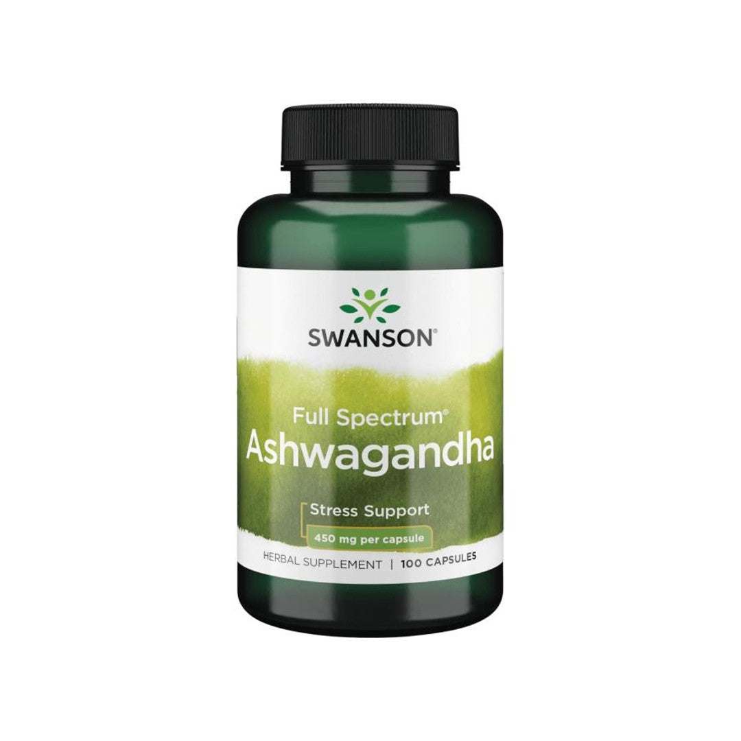Um frasco de Swanson's Ashwagandha - 450 mg 100 capsules supplement.