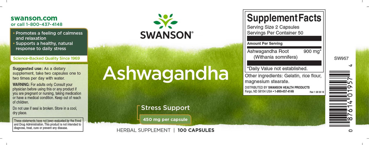 Um rótulo para Swanson Ashwagandha - 450 mg 100 cápsulas.