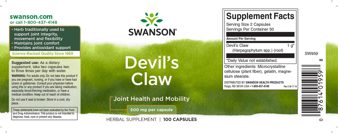 O rótulo de Swanson's Devils Claw - 500 mg 100 cápsulas.