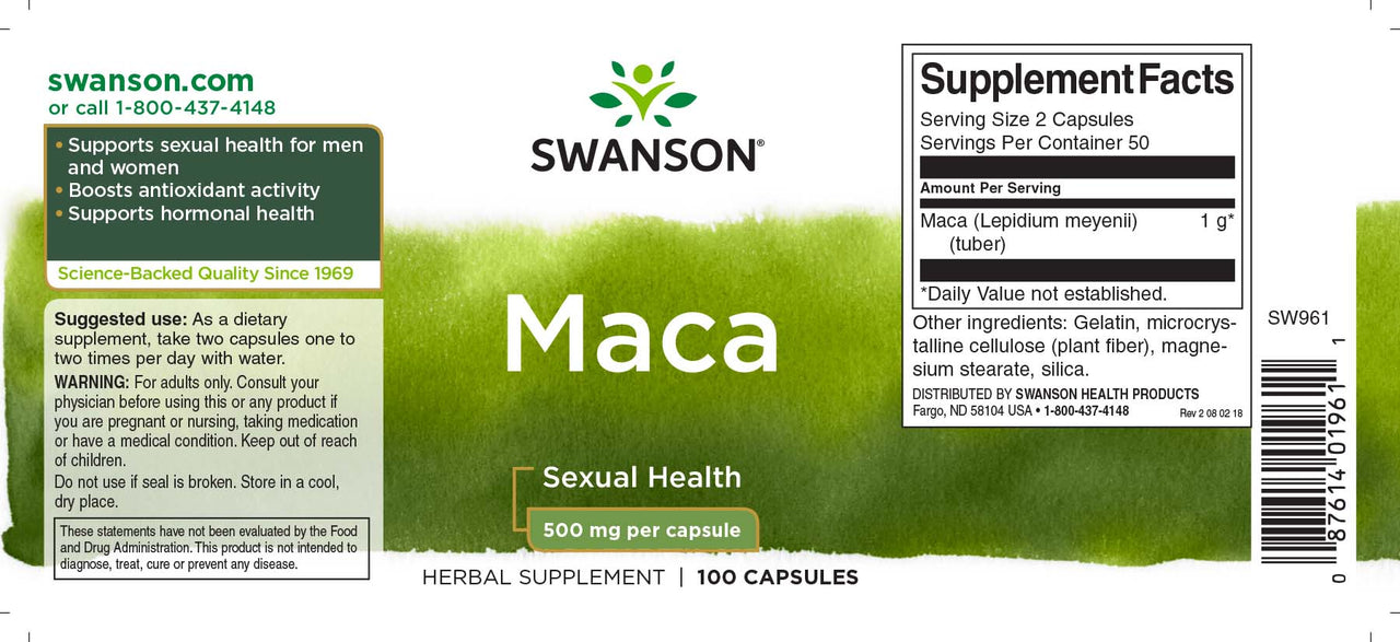 O rótulo de Swanson Maca - 500 mg 100 cápsulas.