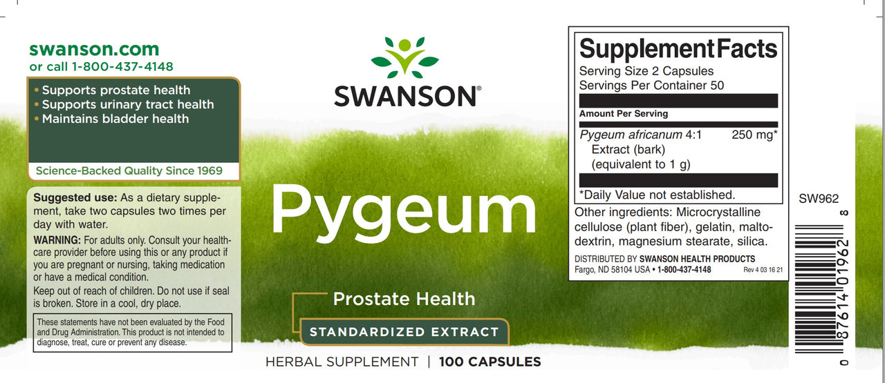 Um rótulo para Swanson Pygeum - 500 mg 100 cápsulas, que promove a saúde da próstata e do trato urinário.