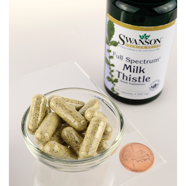 Swanson Milk Thistle Silymarin - 500 mg 100 capsules numa tigela ao lado de um frasco de Swanson Milk Thistle Silymarin - 500 mg 100 capsules.
