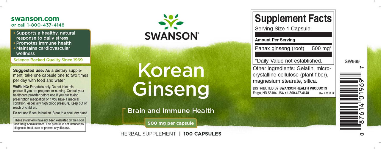 Ginseng coreano - 500 mg 100 cápsulas - etiqueta