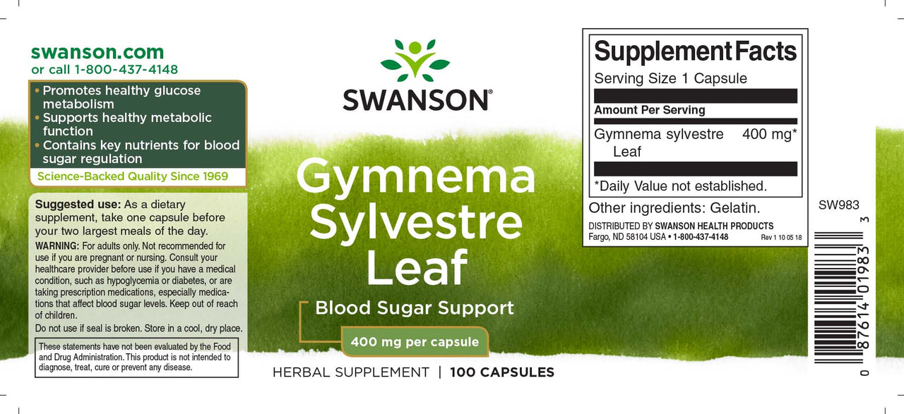 Swanson Suplemento de folhas de Gymnema Sylvestre - 400 mg 100 cápsulas.