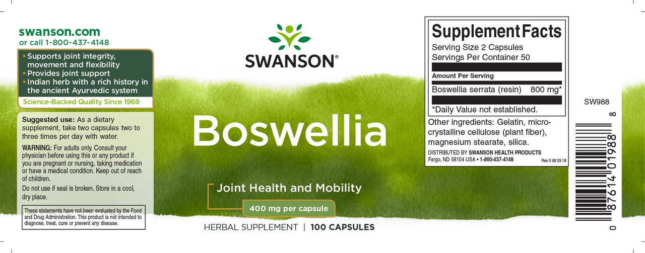 O rótulo do suplemento alimentar Boswellia - 400 mg 100 cápsulas de Swanson.