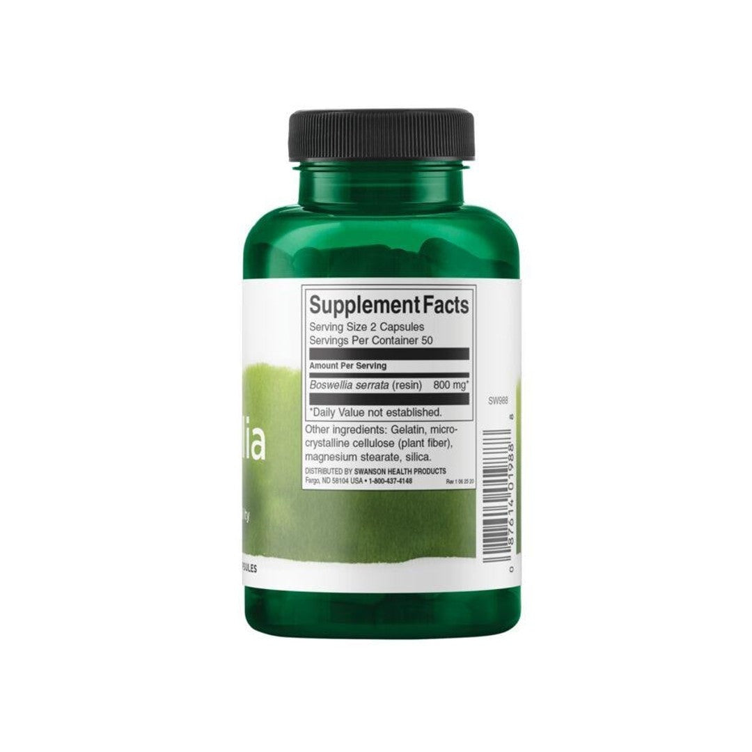 Um frasco de suplemento alimentar de Swanson Boswellia - 400 mg 100 cápsulas sobre um fundo branco.