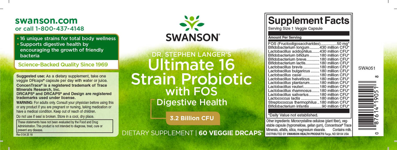 Swanson Dr. Stephen Langer 16 estirpes de probióticos com FOS - 60 cápsulas vegetais.