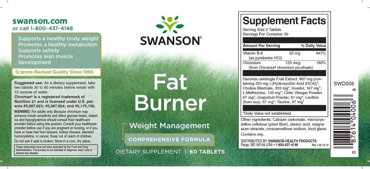 Swanson Queimador de gorduras - 60 comprimidos rótulo.