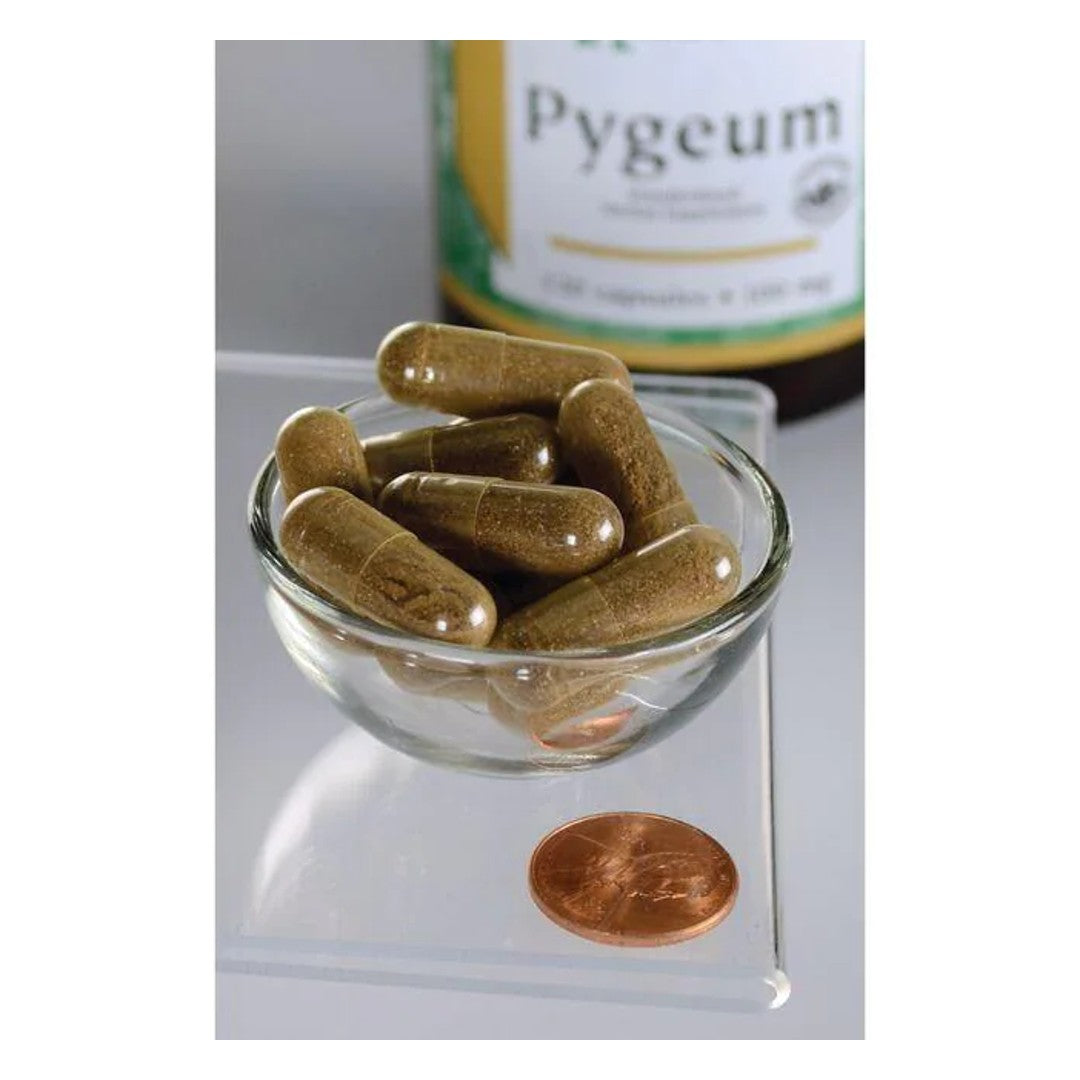 Swanson Pygeum Bark and Extract - 120 cápsulas numa tigela ao lado de uma moeda, promovendo a saúde da próstata.