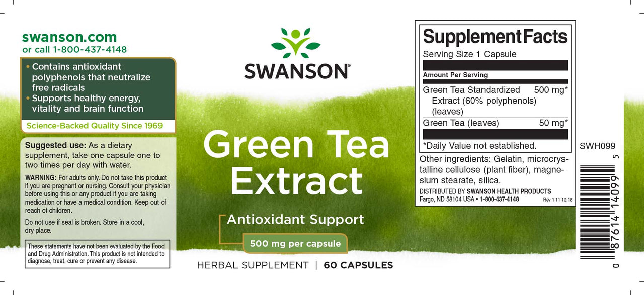 Swanson Extrato de chá verde - 500 mg 60 cápsulas.