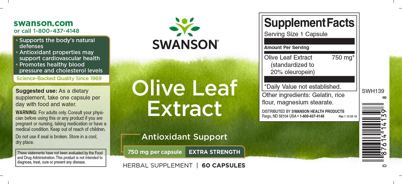 Swanson Extrato de Folha de Oliveira - 750 mg 60 cápsulas oferece propriedades antioxidantes cruciais para apoiar a saúde cardiovascular e reforçar as defesas imunitárias.