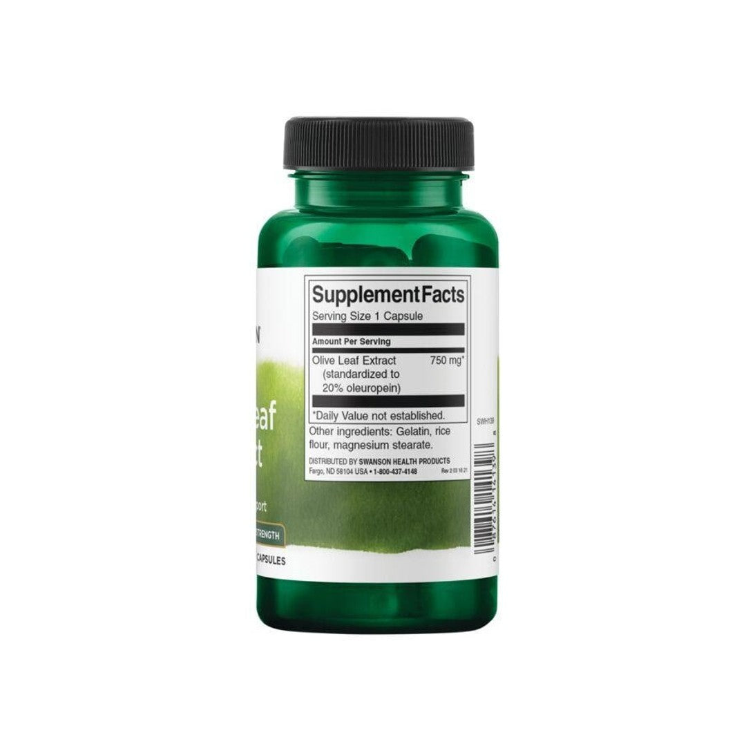 Um frasco de Extrato de Folha de Oliveira - 750 mg 60 cápsulas com propriedades antioxidantes, da marca Swanson.