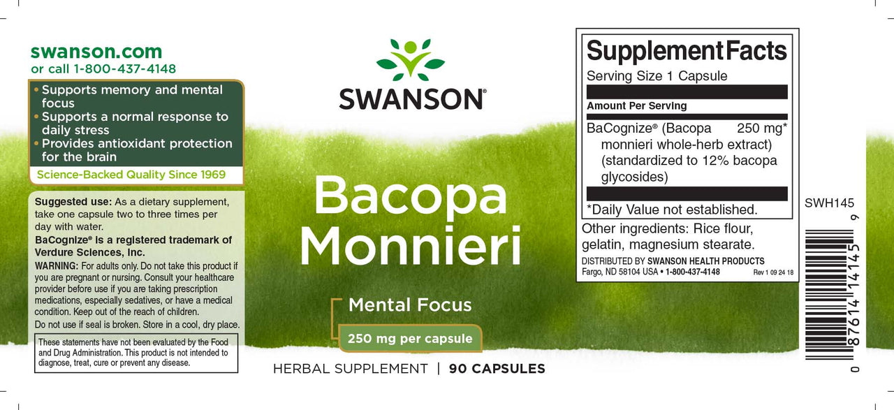 Swanson Bacopa Monnieri - 250 mg 90 cápsulas de suplemento alimentar.
