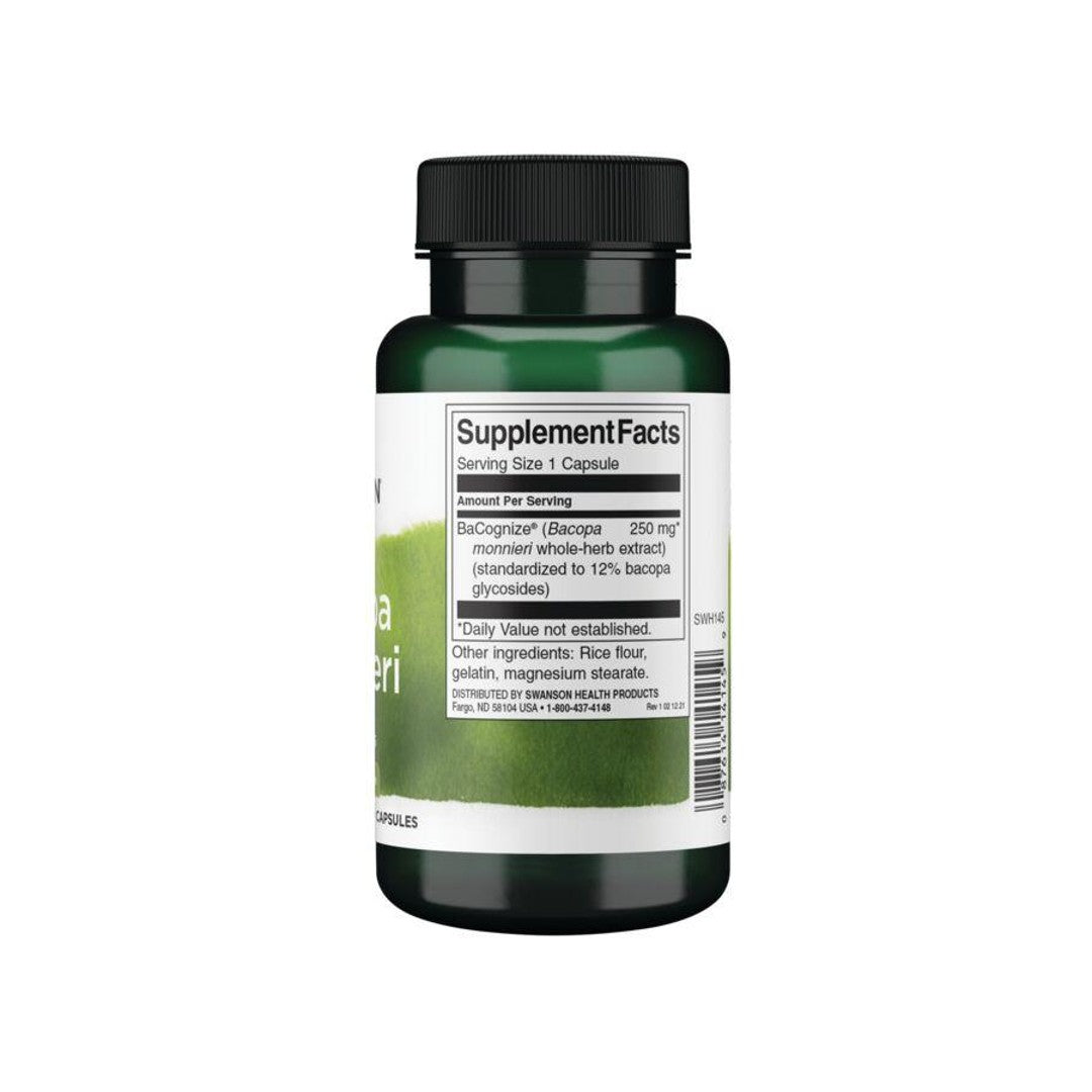 Um frasco de 250 mg de cápsulas de Bacopa Monnieri, um suplemento alimentar com extrato de chá verde.