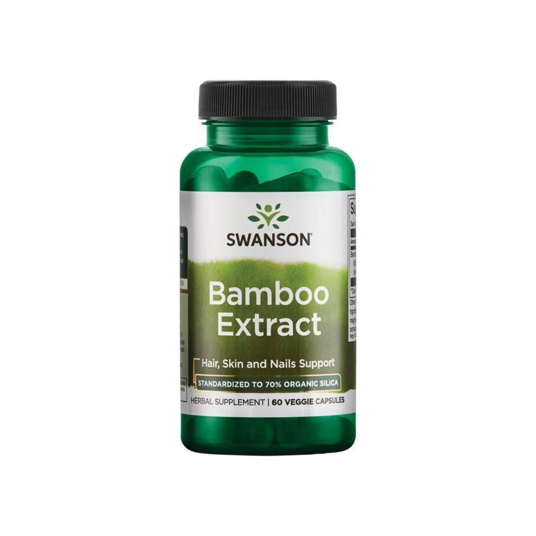 Suplemento alimentar que contém Swanson Bamboo Extract sob a forma de cápsulas vegetais de 300 mg.
