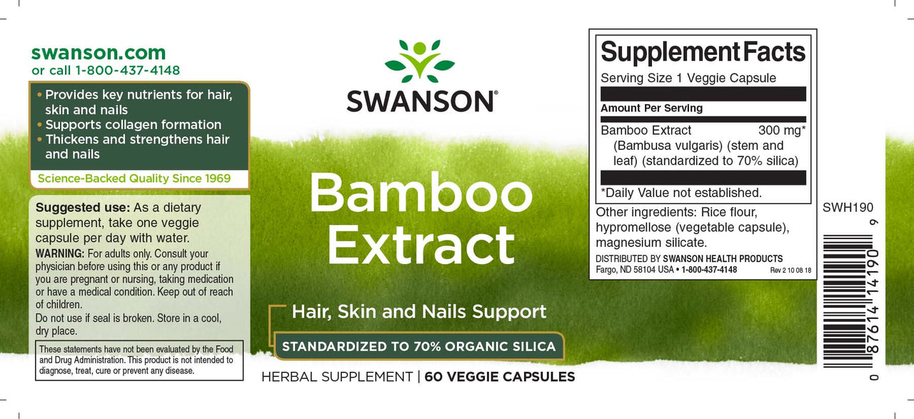Rótulo do suplemento alimentar Swanson Extrato de bambu - 300 mg 60 cápsulas vegetais.