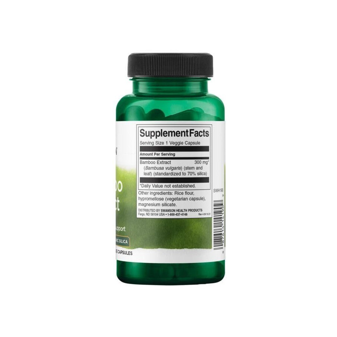 Um frasco de suplemento alimentar de Swanson Bamboo Extract - 300 mg 60 vege capsules sobre um fundo branco.