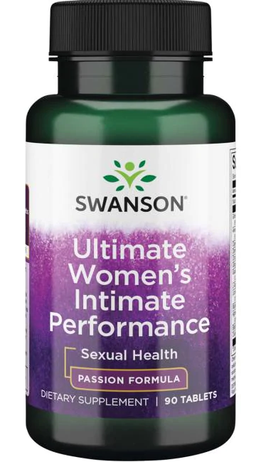 Bottle of Swanson Ultimate Women's Intimate Performance 90 Tablets, passion formula, dietary supplement with 90 capsules including Panax Ginseng.