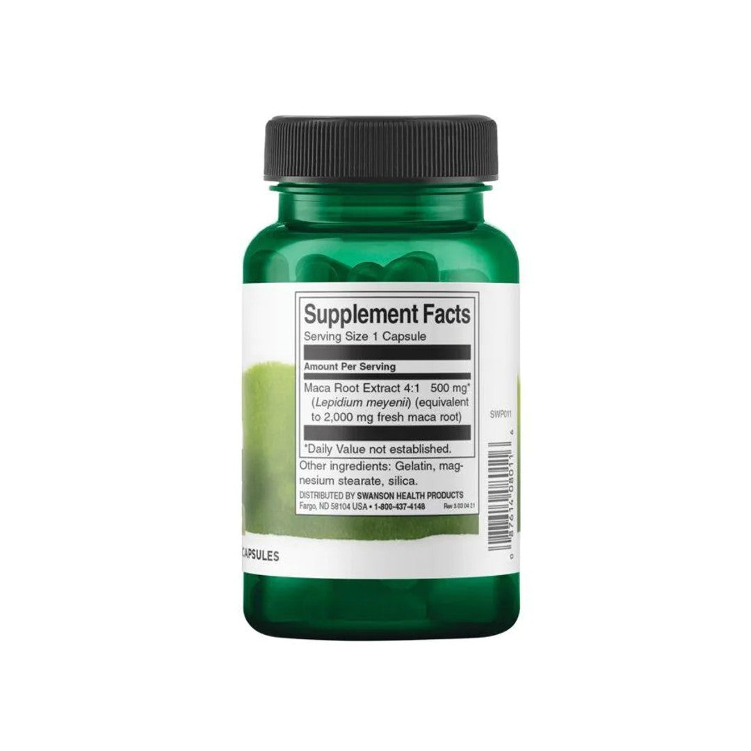 Um frasco de Swanson Maca - 500 mg 60 capsules sobre um fundo branco.