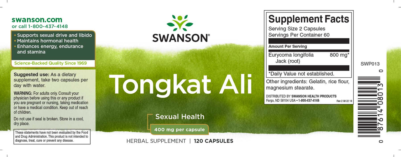 O rótulo de Swanson's Tongkat Ali - 400 mg 120 capsules foi especificamente concebido para aumentar o desejo sexual, a resistência e a resistência, promovendo também a saúde hormonal.