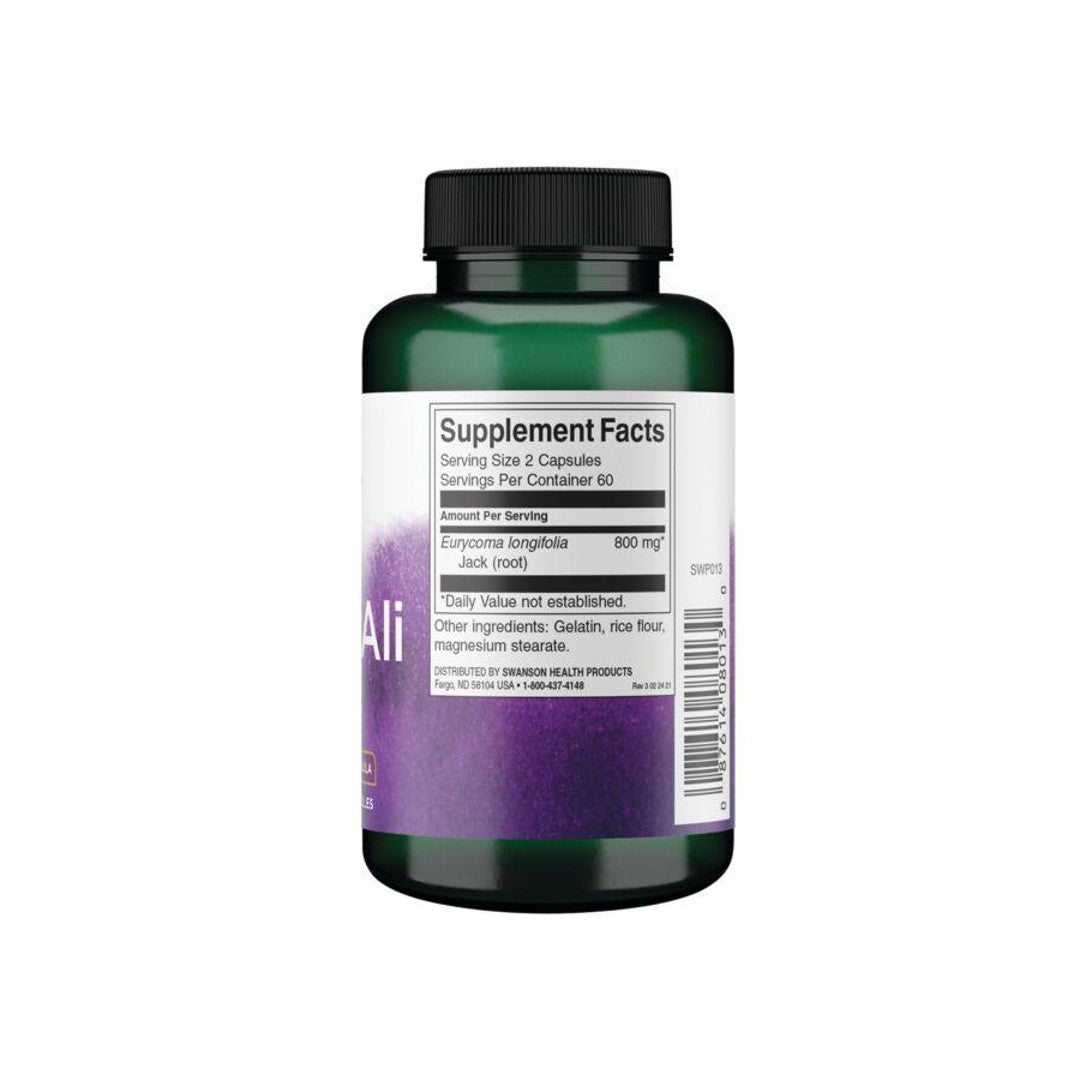 Um frasco de Swanson Tongkat Ali - 400 mg 120 cápsulas com um rótulo roxo que promove a saúde hormonal.