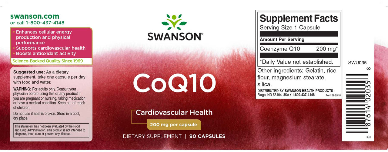 Um frasco de Swanson Coenzyme Q1O - 200 mg 90 capsules com um rótulo vermelho.