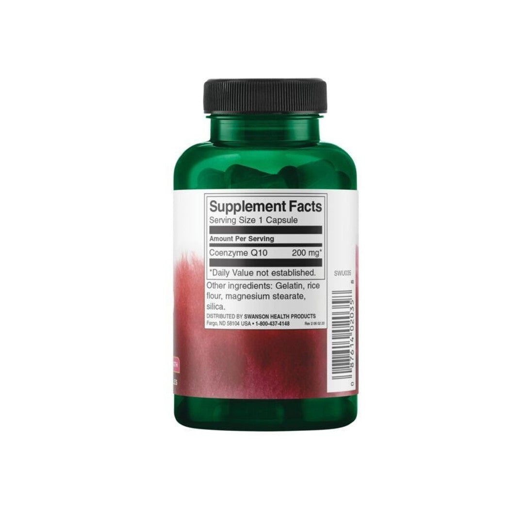 Um frasco de Swanson Coenzyme Q1O - 200 mg 90 capsules com um rótulo vermelho.