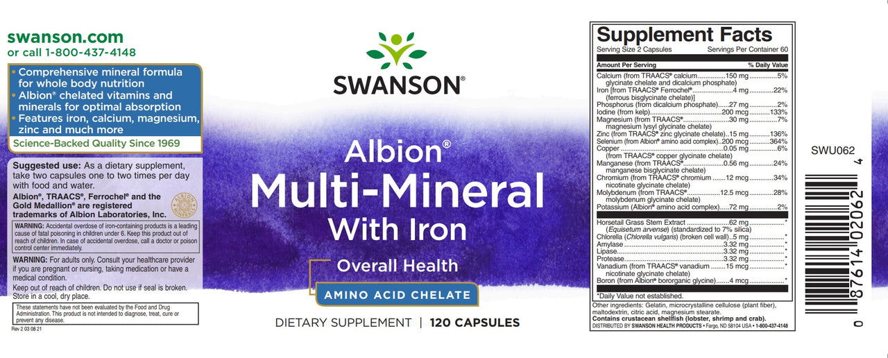 Swinson Multi Mineral With Iron - 120 cápsulas Albion Chelated é um suplemento que contém vitaminas e minerais quelatados Albion, incluindo quelatos de aminoácidos.