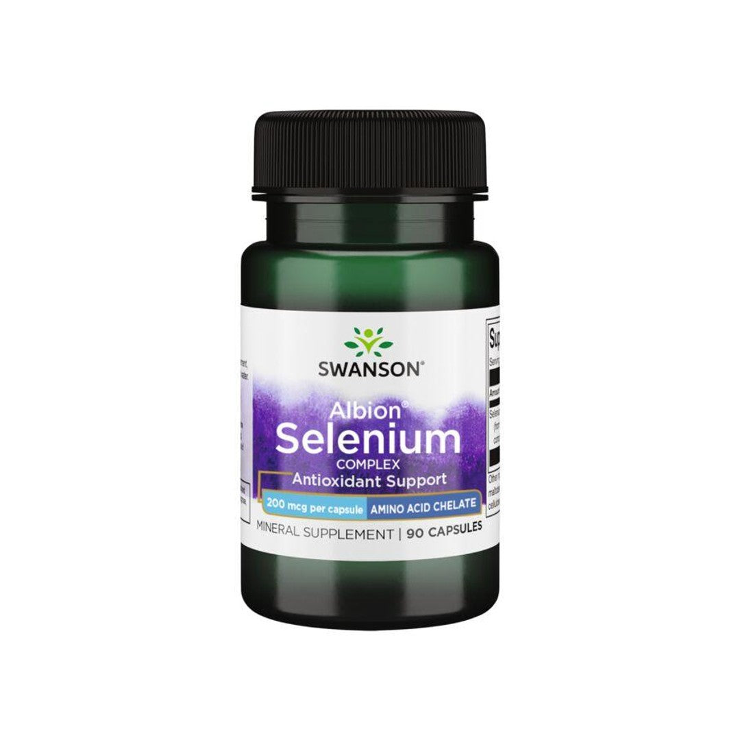 Um frasco de Swanson Selenium Complex - 200 mcg 90 cápsulas Albion Chelated, conhecido pela sua biodisponibilidade e pelos seus benefícios na redução do risco de doenças cardiovasculares.