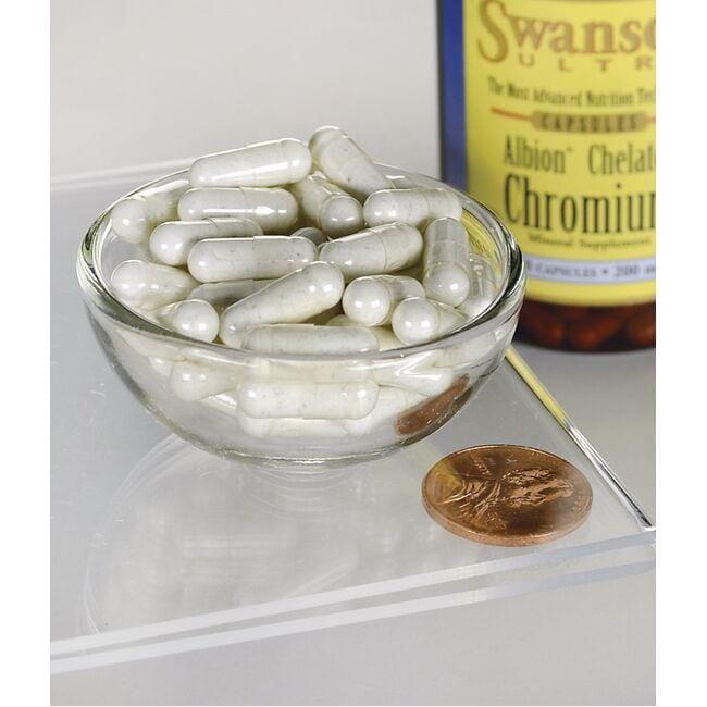 Uma taça de Swanson Chromium - 200 mcg 180 capsules Albion Chelated e um cêntimo.