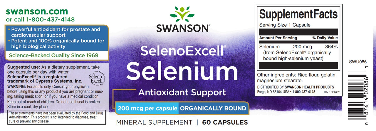 SwansonSelenoExcell, frasco de suplemento de selénio para os cuidados cardiovasculares.