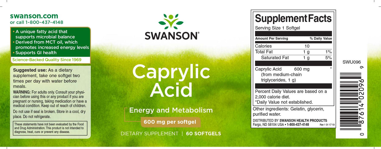 Rótulo de um suplemento alimentar para Swanson Caprylic Acid - 600 mg 60 softgel.