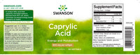 Miniatura de um rótulo de suplemento alimentar para Swanson Caprylic Acid - 600 mg 60 softgel.