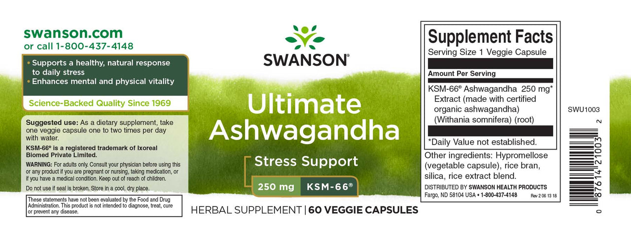 Swanson KSM-66 Ashwagandha - 250 mg 60 cápsulas vegetais.