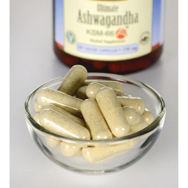Swanson Ashwagandha - KSM-66 - 250 mg 60 cápsulas vegetais numa taça junto a um frasco.