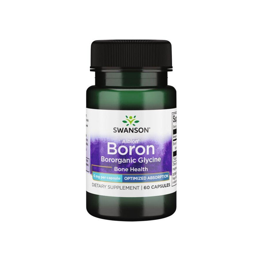 Um frasco de Albion Boron Bororganic Glycine - 6 mg 60 capsules da Swanson sobre um fundo branco.