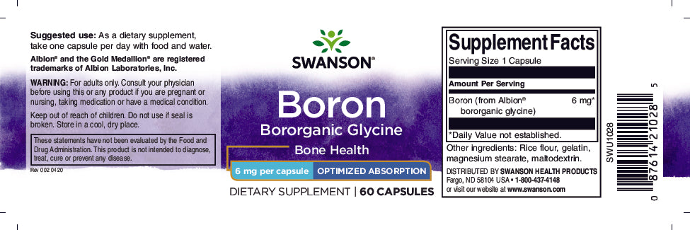O rótulo de Albion Boron Bororganic Glycine - 6 mg 60 capsules by Swanson.