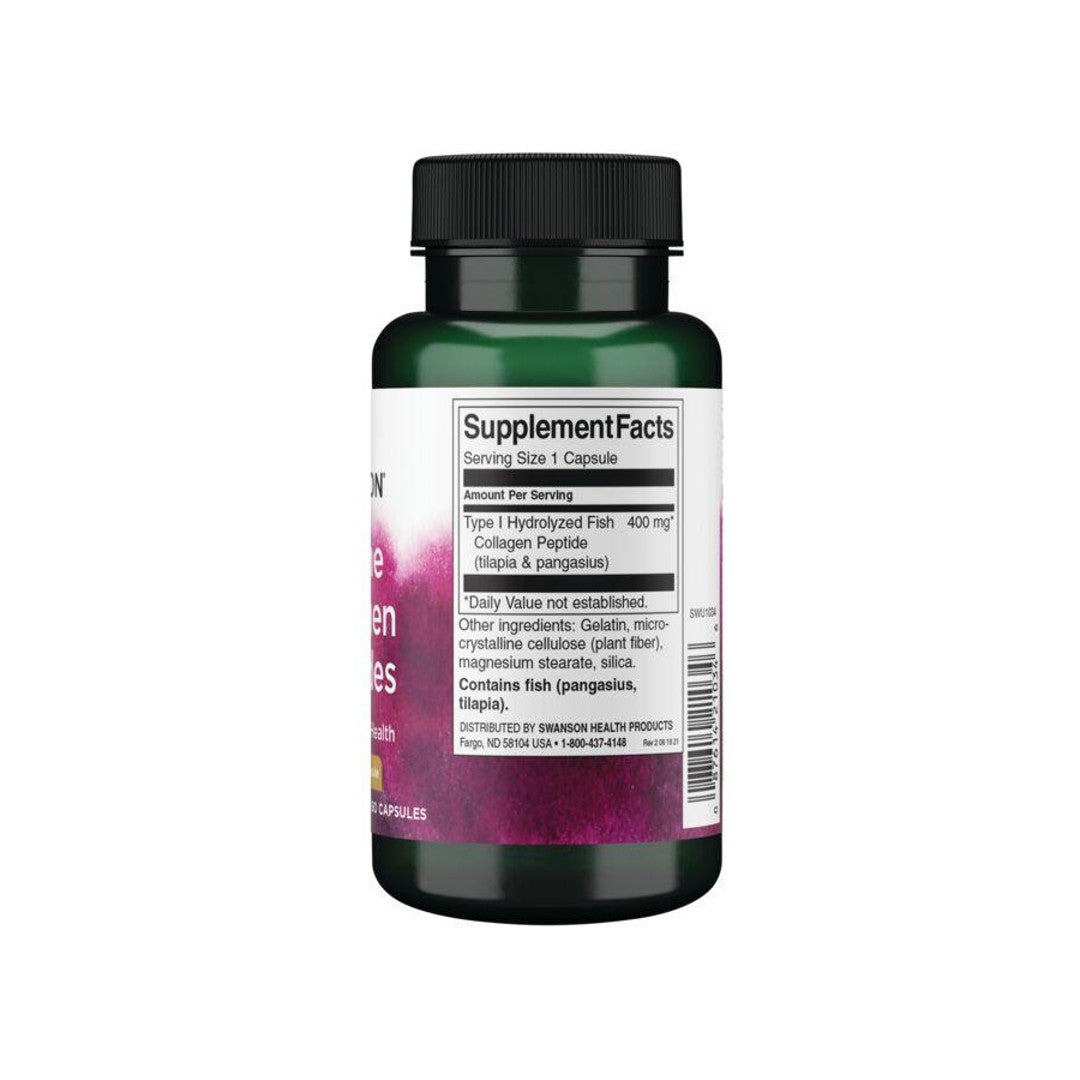 Um frasco de Colagénio Marinho - 400 mg 60 cápsulas com um rótulo roxo, Swanson.