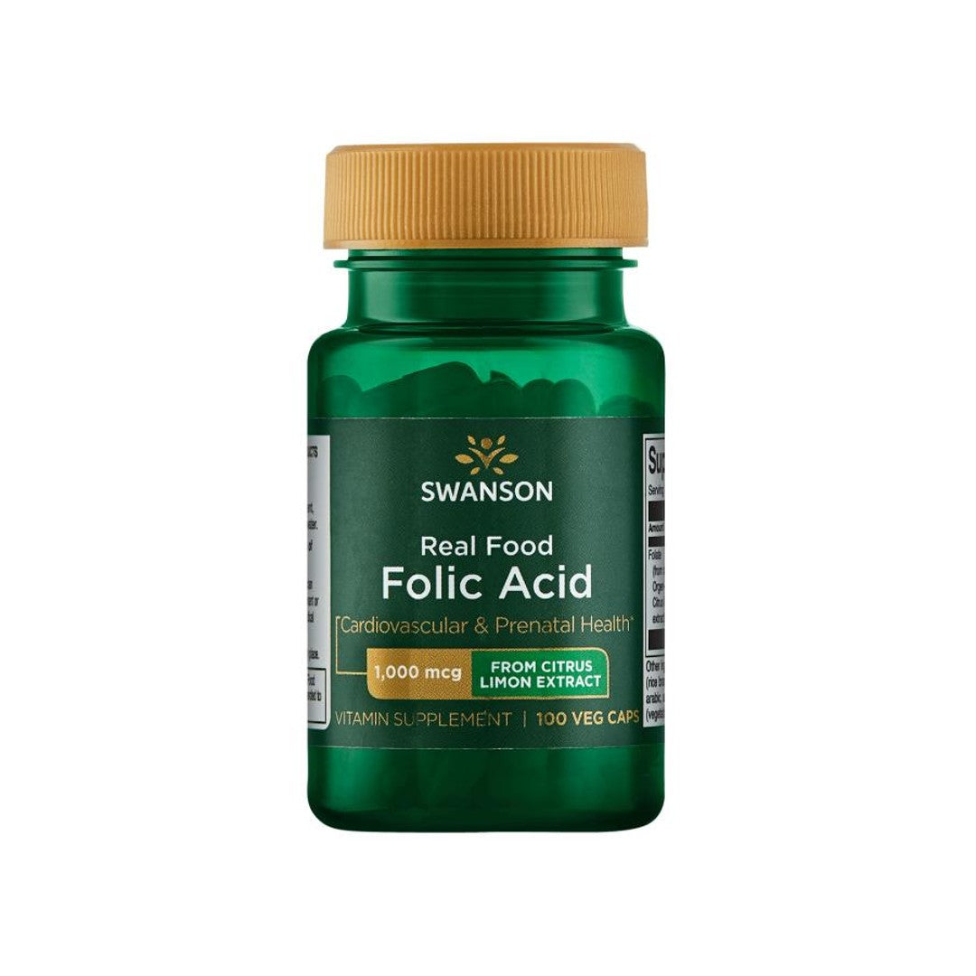Um frasco de Swanson Folic Acid - 1000 mcg 100 veggie capsules Real Food.