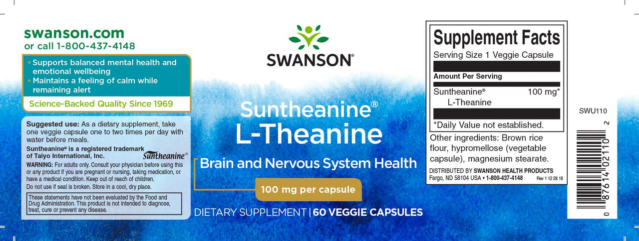 L-Teanina - 100 mg 60 cápsulas vegetais - rótulo