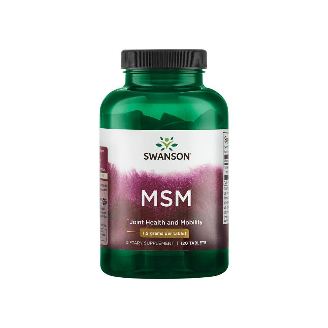 Um fundo branco que mostra um frasco de Swanson MSM - 1.500 mg 120 tabs, conhecido pelos seus benefícios para a saúde das articulações e propriedades anti-inflamatórias.